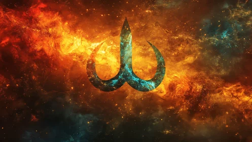 Fiery nebula backdrop with central teal abstract emblem.