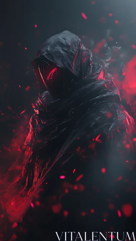 Hooded dark figure with red glowing eye stands in smoke