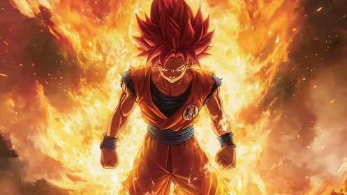 Fiery anime warrior stands within explosive blazing aura