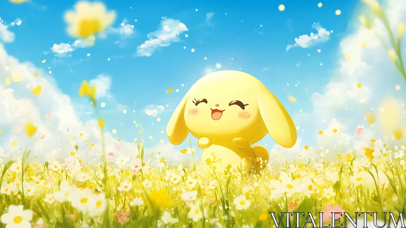 Yellow cartoon bunny in bright flower meadow under sky.