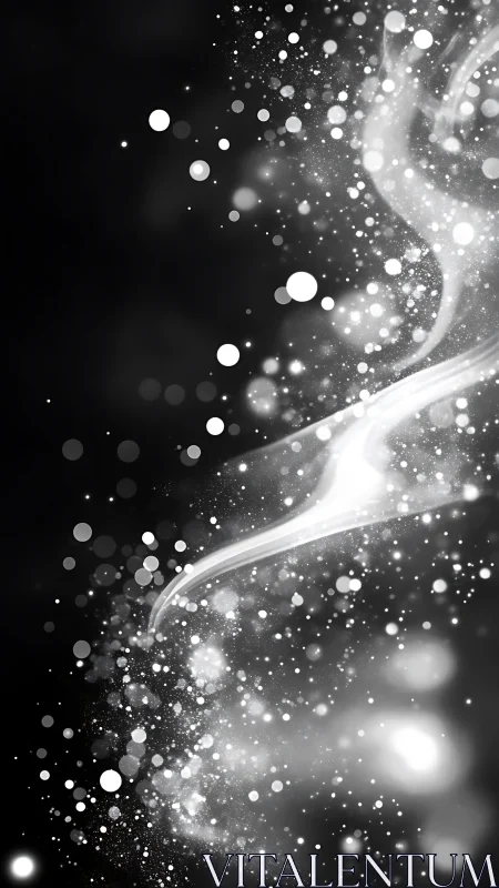 Monochrome light trail with drifting bokeh particles.