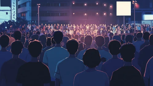 Crowd gathers beneath neon glow for a charged night rally