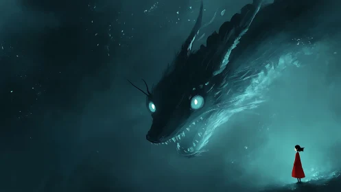 Girl in red coat stands before large luminous sea dragon