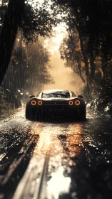 Rainlit escape with a lone sports car on a forest road.