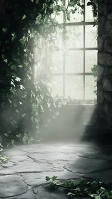 Ivy covered stone window with light on cracked floor.