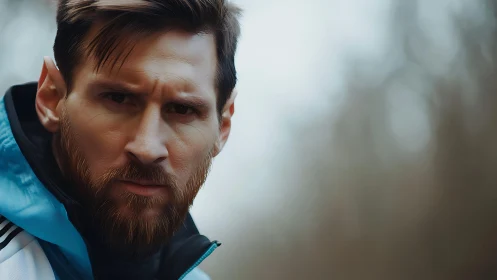 Intense bearded athlete in close-up portrait under soft haze