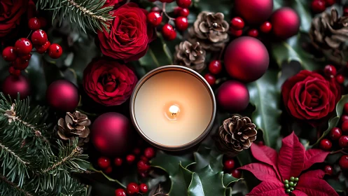 Central candle amid red florals, pine branches and ornaments.