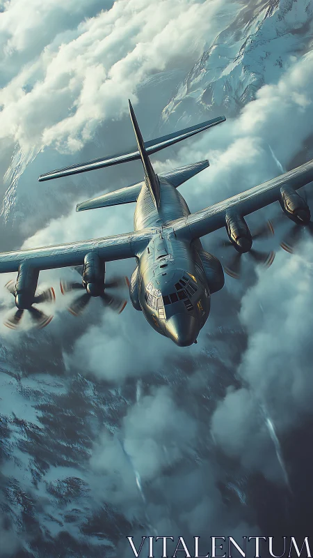 Military cargo aircraft cuts through dense alpine clouds