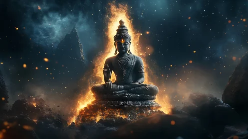 Cosmic ember Buddha meditating in a storm of starlit fire.