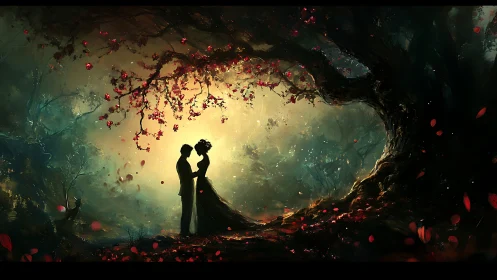 Silhouetted Couple Beneath Cherry Blossom Tree with Golden Backlighting