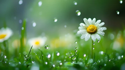 Dewy Daisy Macro: Shallow Depth in Verdant Field.