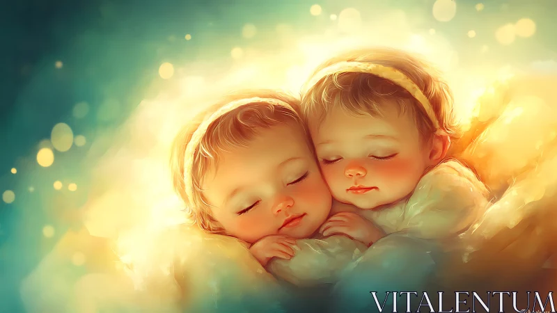 Sleeping Twin Babies With Golden Halos in Ethereal Light.