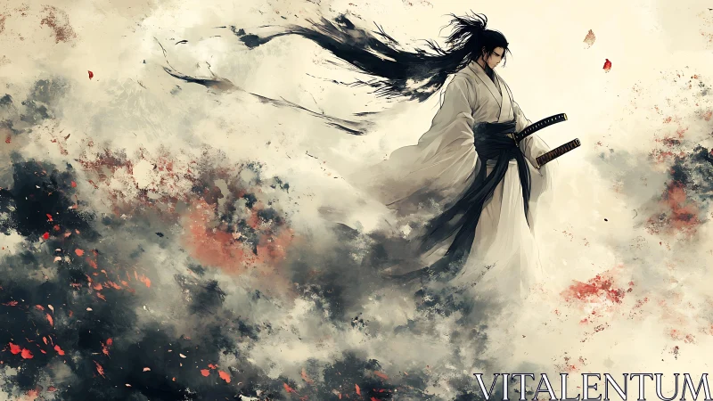 Storm-kissed samurai drifts through swirling clouds and embers