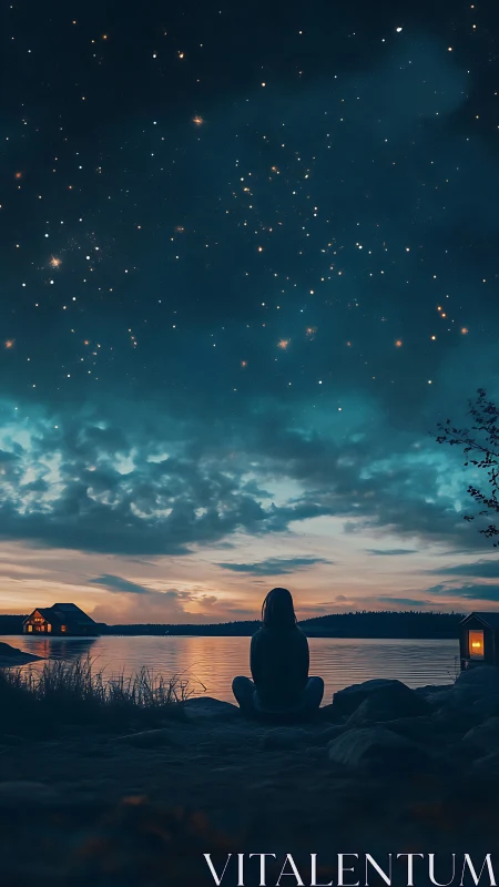 Person watching starry night sky over calm lakeside water.