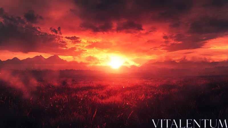Fiery sunset sky bathes distant mountains and fields in warmth