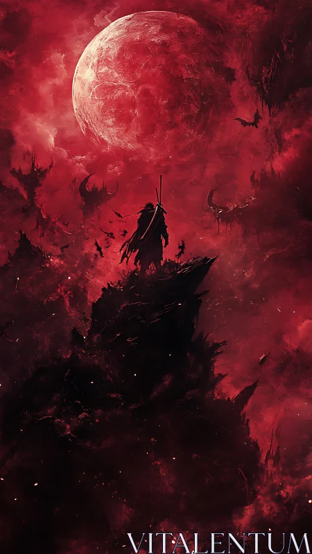 Scarlet lunar wasteland with cloaked warrior silhouette.