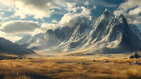 Mountain range above dry grassland under scattered clouds.