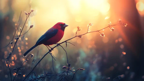Vibrant red bird on a branch at sunrise, soft dreamy bokeh style.