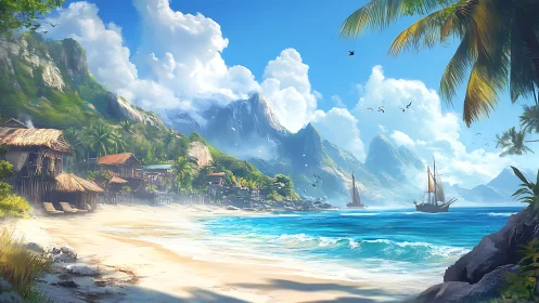 Tropical Island Settlement with Sailing Vessels in Dramatic Coastal Landscape