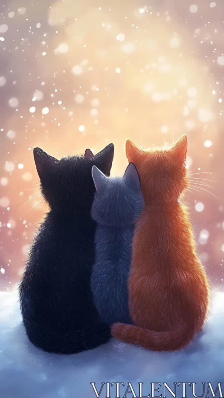 Three Cats Positioned in Snowy Environment Against Bokeh Background.