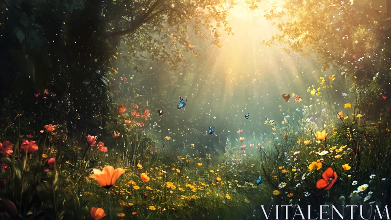 Sunlit forest clearing with wildflowers and butterflies.