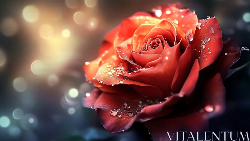 Crimson Rose with Dewdrops: Macro Floral Study with Bokeh.