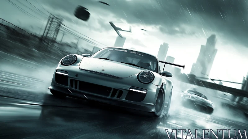 White GT sports car powers through wet cybercity circuit.