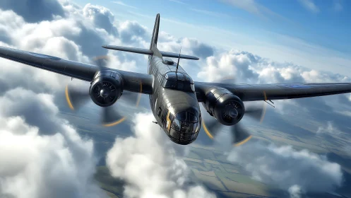 Twin‑engine bomber aircraft cutting through sunlit clouds.
