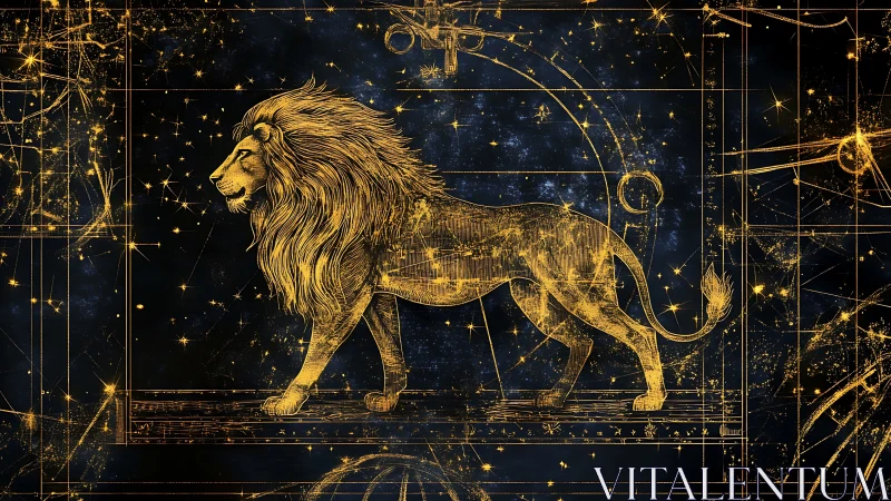 Golden celestial lion strides through intricate star grid