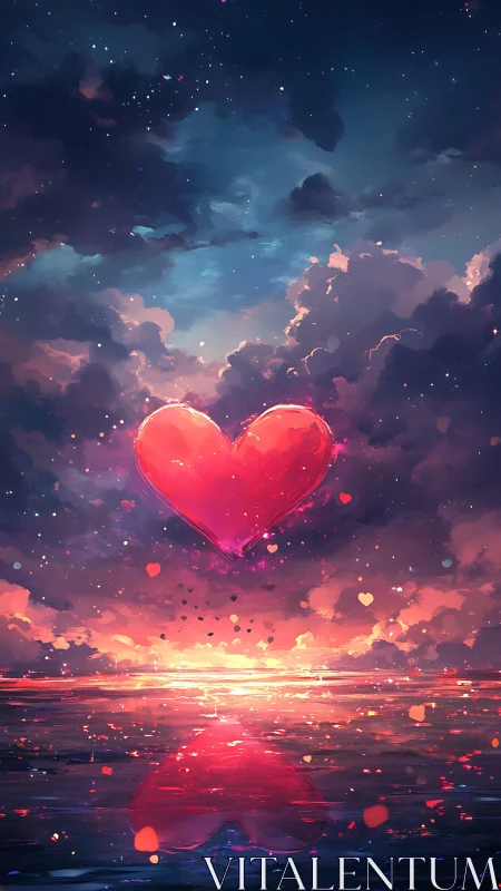 Luminous Heart Suspended in Celestial Sky with Radiating Particles.