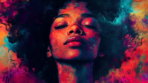 Dreamlit portrait in neon cosmic color fields.