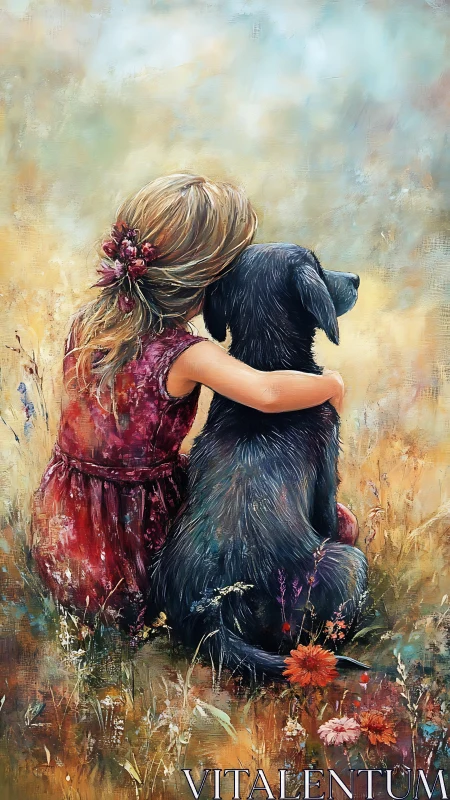 Girl and Black Dog in Wildflower Field: Impressionistic Oil Study.