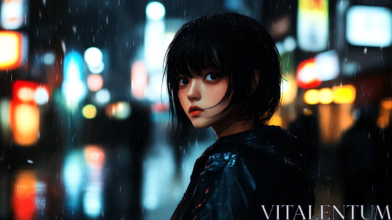 Young figure in rainy neon city street at night, rear view.