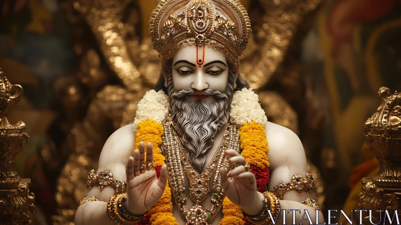 Regal bearded deity statue with marigold garlands and gold aura.