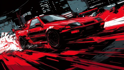 Red drift coupe in stylized neon urban night racing scene