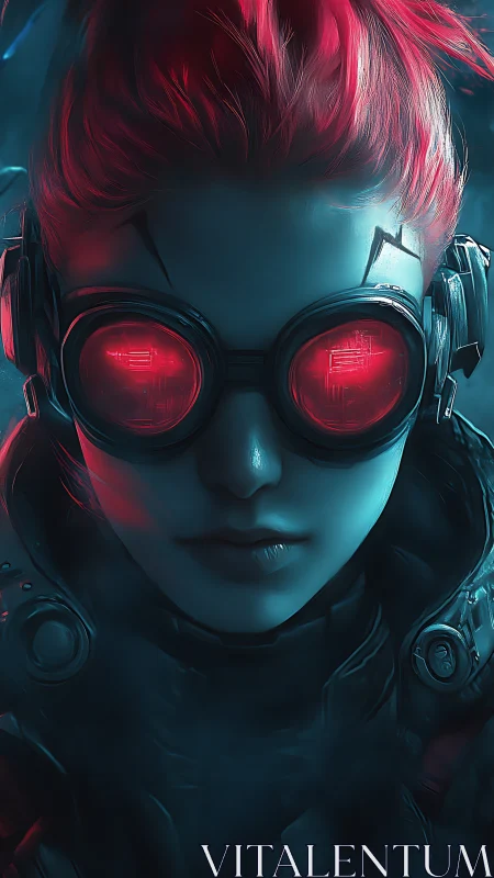 Cyberpunk figure wears red-lensed goggles in blue lighting