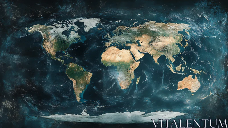 Textured world map with satellite-style continents and oceans