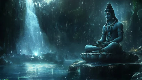 Mystic blue deity meditates beside luminous cavern waterfall.