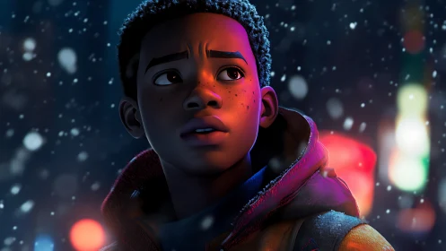 Animated boy in winter coat under snow at night in city.