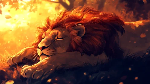 Majestic lion naps in glowing golden forest light.