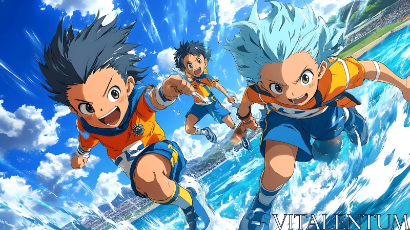 Dynamic anime soccer trio sprinting across vibrant shoreline