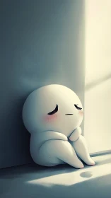 Minimalist chibi figure in corner, soft light and shadows