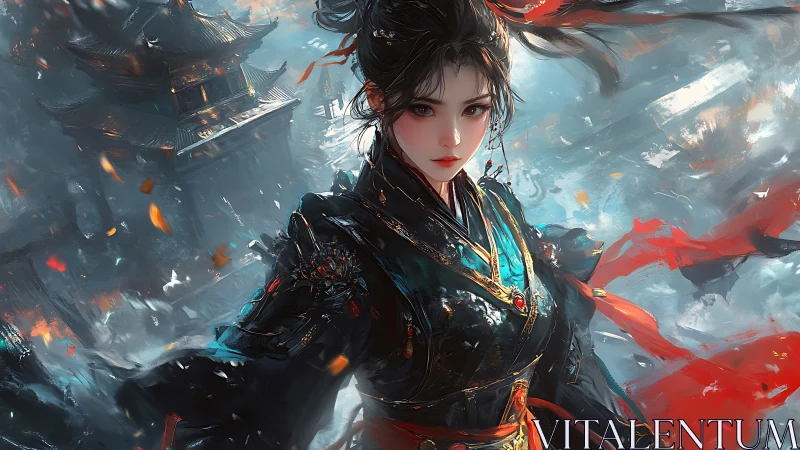 Warrior woman stands before stormy temple in flowing reds