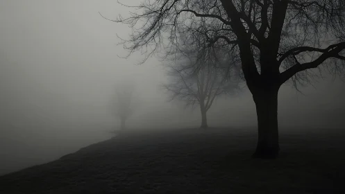 Leafless trees fade into a cold, haunting morning fog