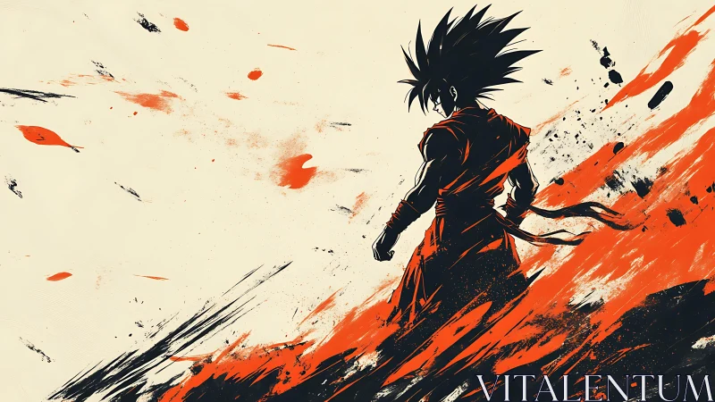 Storm-charged warrior strides through a blaze of inked fury.