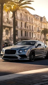 Silver luxury coupe glides through sunlit European boulevard