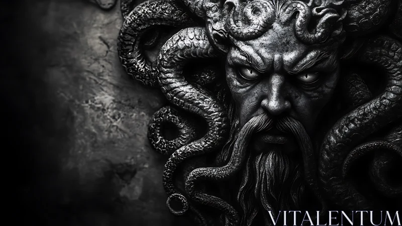 Mythic stone demon head emerges with writhing tentacles