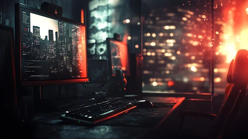 Neon-lit cyber workstation overlooks defocused urban skyline