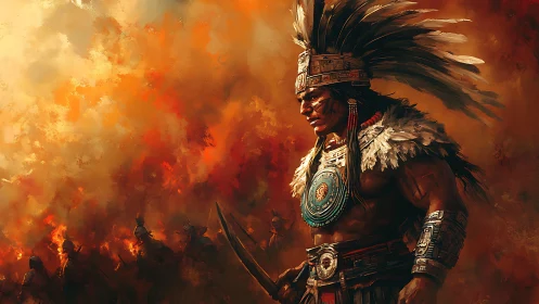 Warrior chief in plumed headdress amid blazing battlefield.