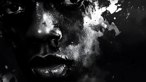High-contrast monochrome portrait dissolving into abstract splatter